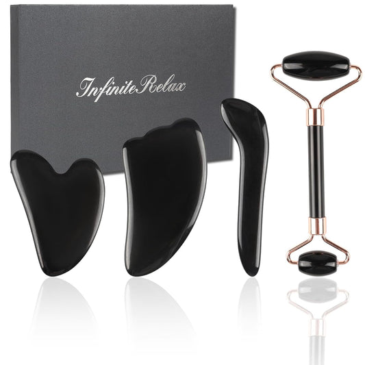 Black Obsidian Gua Sha Facial Tools Set of 4- Natural Jade Gua Sha Face Sculpting Tools Face Roller&Gua Sha Tool for Face, Double Chin Jawline Fascia Cellulite Remover& Point Treatment Christmas Gifts